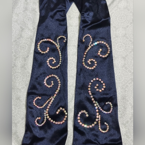 Rhinestoned Blue Satin Stretch Opera Gloves (OS) - Picture 4 of 4